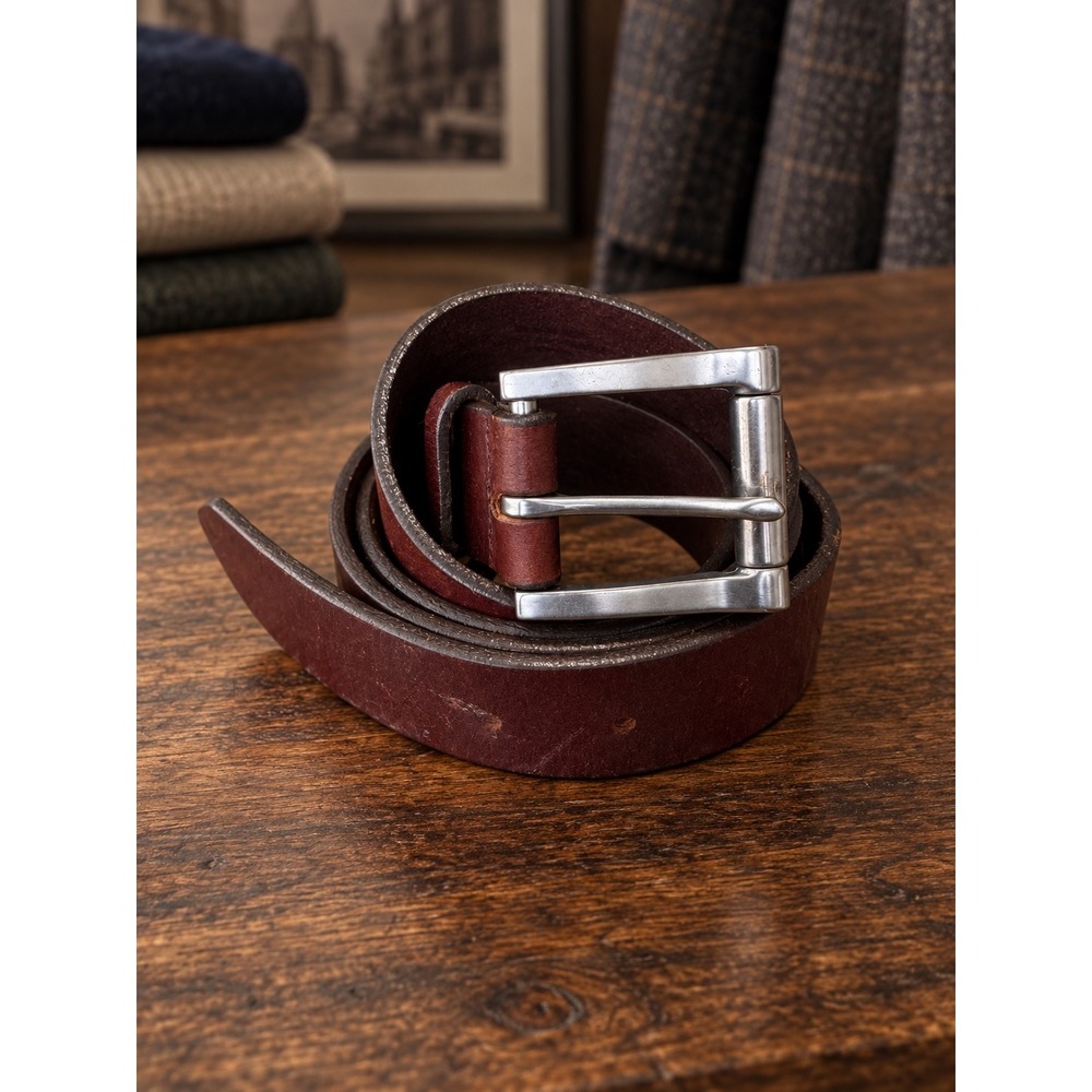 L.L. Bean Full Grain Leather Belt Mens 40 Brown Silver Buckle Classic Heritage